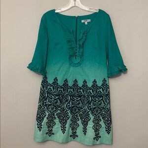 BETH BOWLEY Green Ombré Embroidered Ruffle Dress Sz 8